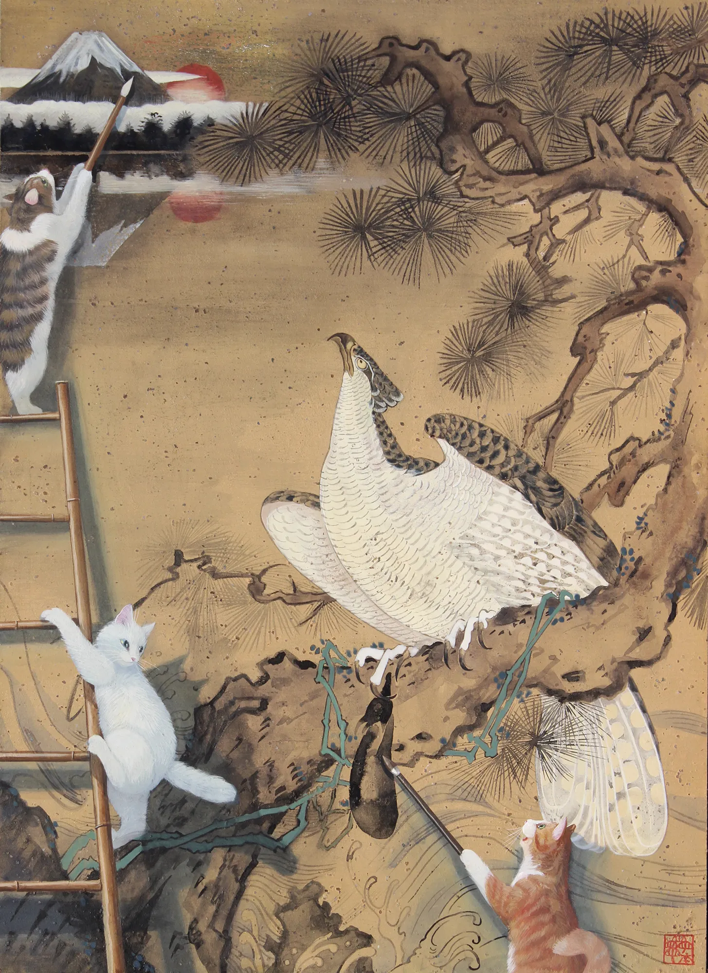松本亮平 《一富士二鷹三茄子》2024年 アクリル、墨/板 41.0×31.8cm