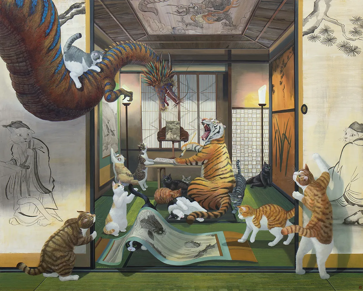 松本亮平《手習いの間》2025年 アクリル・墨/板 130.3×162.0cm