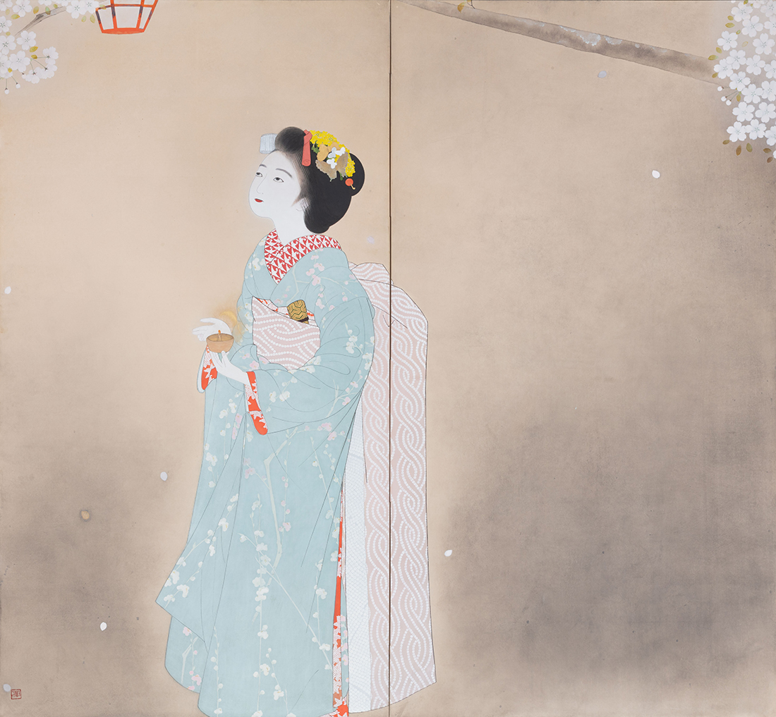 北野恒富《夜桜(左隻)》画像